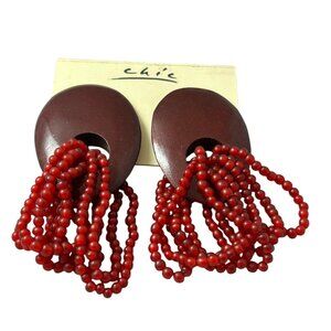 Chic Wood Seed Bead Dangle Earrings Red Boho Statement Pierced Jewelry Festival